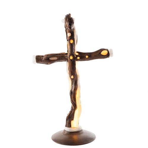 Croce realizzata in radica di vitigno con elementi decorativi in alabastro luminoso