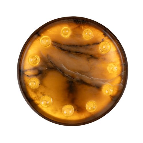 Oggetto luninoso cilindrico realizzato in alabastro e cristalli, esterno in corten